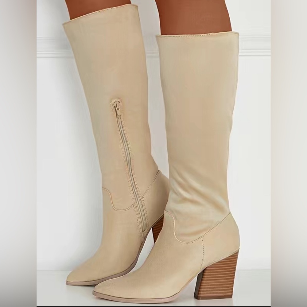 Women’s chunky heeled knee-high boots. Color: Beige Size: 11